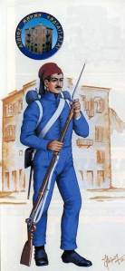 Μικρή στολή Ευέλπιδος, 1829. Πίσω το κτίριο της πρώτης σχολής Ευελπίδων.