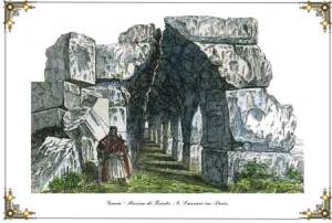 Grecia - Rovine di Tirinto.  Χαλκογραφία σε χαρτί, επιχρωματισμός εποχής. Α. Lazzari inc.  