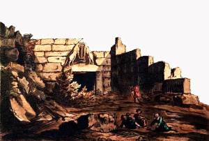 Μυκήνες. Haygarth, William (ζωγράφος) & C. Turner (χαράκτης) 1.5.1814, χαλκογραφία επιχρωματισμένη, 17,5 x 25,5 εκ. (Μουσείο της Πόλεως των Αθηνών Βούρου-Ευταξία)