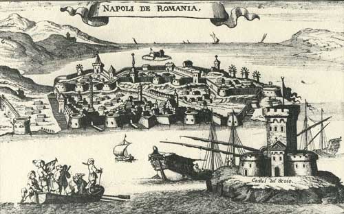 Άποψη του Ναυπλίου. Χαλκογραφία, Gasp. Bouttats, 1690.