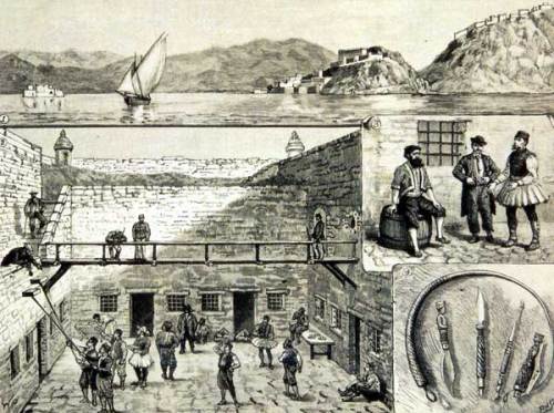 Η φυλακή των καταδίκων στο Παλαμήδι, ξυλογραφία από αταύτιστο γερμανικό περιοδικό του 19ου αι. ( Αφροδίτη Κουρία, το Ναύπλιο των περιηγητών, σελ. 116)