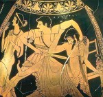 Ο Ορέστης σκοτώνει τον Αίγισθο, ερυθρόμορφη πελίκη, 500 π.Χ., Βιένη Ιστορικό&nbsp;Μουσείο.