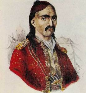 Θεόδωρος Κολοκοτρώνης. Επιζωγραφισμένη λιθογραφία, A. Friedel, 1827.