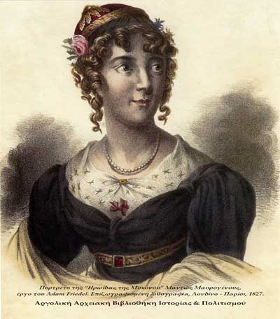 Πορτρέτο της «Ηρωίδας της Μυκόνου» Μαντώς Μαυρογένους, έργο του Adam Friedel. Επιζωγραφισμένη λιθογραφία, Λονδίνο - Παρίσι, 1827.