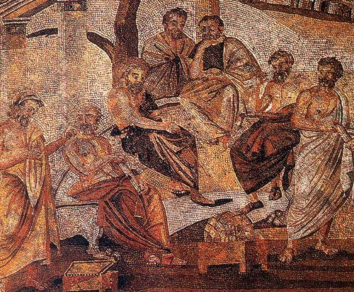 Αρχαίοι σοφοί στην Ακαδημία του Πλάτωνα: Ηρακλής Ποντικός, Σπεύσιππος, Πλάτων, Εύδοξος, Ξενοκράτης και Αριστοτέλης. Ψηφιδωτό από την Πομπηία. Εθνικό Αρχαιολογικό Μουσείο Νάπολης.