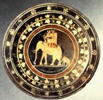 Παράσταση από την Κάτω Ιταλία με πολεμικούς ελέφαντες – ανάμνηση από την εκστρατεία του Πύρρου. Μουσείο Βίλας Τζούλια,&nbsp;Ρώμη.