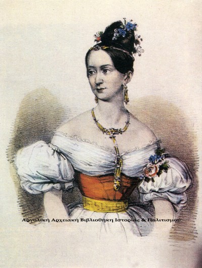 Έγχρωμη λιθογραφία που παρουσιάζει την Αμαλία πριν έρθει στην Ελλάδα.  