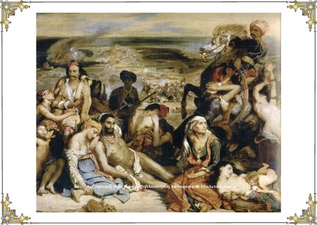 Η Σφαγή της Χίου (Scène des massacres de Scio), 1824. Ευγένιος Ντελακρουά (Eugène Ferdinand Victor Delacroix) (1798 - 1863) ελαιογραφία σε μουσαμά. Παρίσι, Μουσείο Λούβρου.  