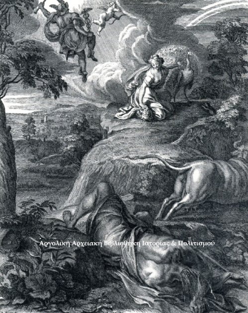 Η Μεταμόρφωση της Ιούς σε αγελάδα. Ο Αbbe de Marolles δημοσίευσε το 1655 ένα in-folio με 60 χαρακτικά που είχαν φιλοτεχνήσει σημαντικοί καλλιτέχνες της εποχής και με τίτλο «πίνακες του ναού των μουσών» που ήταν παρμένοι από την συλλογή του αποθανόντος βασιλικού συμβούλου Mr Favereau. Την συλλογή αυτή, των ελληνικών μύθων  αφιέρωσε στην βασίλισσα της Πολωνίας Μαρία - Λουΐζα, δεύτερη σύζυγο του Βασιλιά Βλαδίσλαου. «Ο Ναός του Μουσών» επανεκδόθηκε κατά την διάρκεια του 18ου αιώνα. Το χαρακτικό που δημοσιεύουμε προέρχεται από την τελευταία γαλλική έκδοση που έγινε στο Άμστερνταμ το 1733.