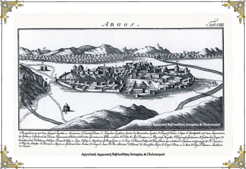Αρχαίο Άργος. Στο χαρακτικό αυτό απεικονίζεται μια φανταστική εικόνα του αρχαίου Άργους. Ο σχεδιαστής Chaiko (1790), αγνώστων λοιπών στοιχείων, φαίνεται να έχει επισκεφτεί την Αργολίδα, όπως προκύπτει από την αρκετά, αλλά όχι εντελώς ακριβή αναπαράσταση της γενικότερης τοπογραφίας. Προφανώς, όταν αντίκρισε τα θλιβερά ερείπια της πόλης, προτίμησε να δημιουργήσει μια ρομαντική, φανταστική εικόνα του αρχαίου Άργους, βάσει των αφηγήσεων του Παυσανία στα «Κορινθιακά». Στην εικόνα καταγράφονται τρεις ποταμοί του Άργους. Ο παραπόταμος Αστερίων ( Νο24) ο οποίος ενώνεται με τον Ίναχο (Νο 20) αλλά και οι πηγές του Ερασίνου (19).