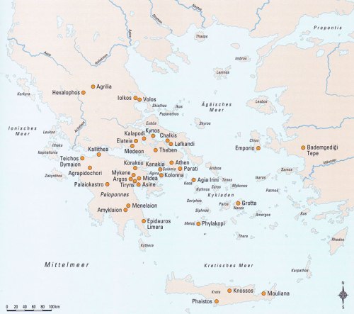 Εικ. 3: Χάρτης με τις κύριες ΥΕ θέσεις στον Αιγαιακό χώρο (κατά: Badisches Landesmuseum Karlsruhe  2008, 59). 
