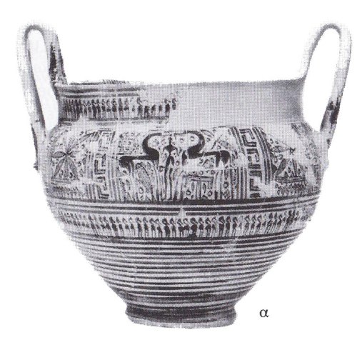 Εικ. 27: ΥΓ κάνθαρος από το Άργος, με παράσταση πεζού ιππηλάτη εν μέσω αντωπών ίππων. Αρχαιολογικό Μουσείο Άργους, αρ. ευρ. C1. Ύ.: 0.31 μ. (κατά: Coldstream 1977, 192 εικ. 46α).