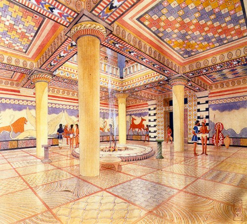 Εικ.1: Ζωγραφική αναπαράσταση της αίθουσας του θρόνου, στο ανάκτορο της Πύλου (κατά: Kruse 1999, 69 εικ. 5).