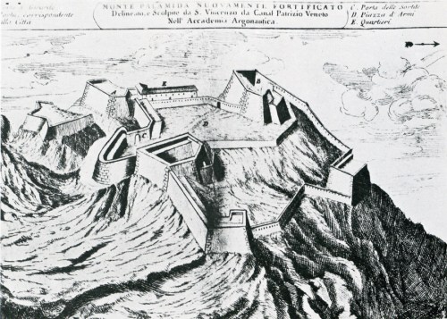 Το κάστρο του Παλαμηδίου. Χαλκογραφία του S.V.da Canal. Αρχές του 18ου αιώνα. 