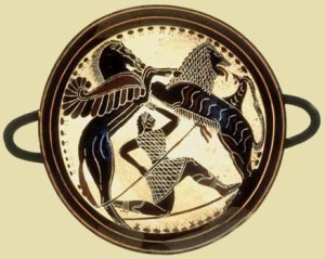 Ο Βελλερεφόντης με τη βοήθεια του Πήγασου σκοτώνει τη Χίμαιρα, λίθινο δισκίο του 560 π.χ περίπου, Λακωνία. Επιλογή φωτογραφίας: Αργολική Βιβλιοθήκη.