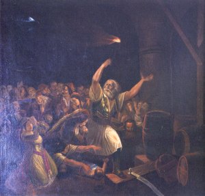 Η ανατίναξη από τον Χρήστο Καψάλη. Έργο του Θεόδωρου Βρυζάκη. Πινακοθήκη Δήμου Μεσολογγίου.