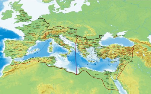 Ο Θεοδόσιος (395 μ.Χ.) διαιρεί τη Ρωμαϊκή Αυτοκρατορία σε Ανατολική, με πρωτεύουσα την Κωνσταντινούπολη, και Δυτική, με πρωτεύουσα την Ρώμη. Ακολουθεί η μεγάλη μετανάστευση των Λαών. 