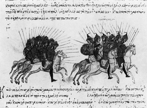 Τα βυζαντινά στρατεύματα διώκουν τους άραβες, μικρογραφία του Ιωάννη Σκυλίτζη, β’ μισό του 13ου αιώνα. Biblioteca Nacional de España. 