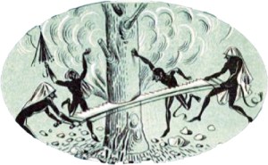 Οι καλικάντζαροι πριονίζουν το δένδρο της γης. Εικόνα από το Αναγνωστικό της Δ’ Δημοτικού, έκδοση ΟΕΔΒ, 1961. 