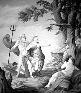 Ποσειδώνας και Αμυμώνη. Μινιατούρα του Blaise de Vigenere (1637), τοιχογραφία του θεάτρου Tahqua Land στο Μίσιγκαν. 