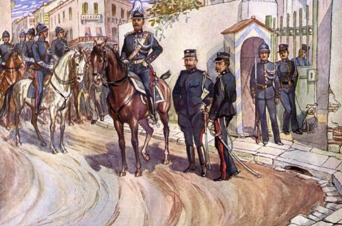 Χωροφυλακή, αρχές 20ου αιώνα. Έργο του Κερκυραίου ζωγράφου Πάνου Αραβαντινού (1886-1930). Καρτ ποστάλ, Εκδ. Αφών Γ. Ασπιώτη, Κέρκυρα, περίπου το 1910. 