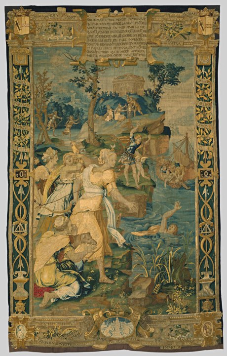 The Drowning of Britomartis, probably design by Jean Cousin the Elder, tapestry. This tapestry is from a set depicting scenes from the story of Diana probably made for the château of Anet, about forty miles west of Paris, which was the chief residence of Henry II's mistress, Diane de Poitiers. She herself, born in 1499, was named after the goddess, a sign that the Renaissance, with its emulation of classical antiquity, had come to France. The inscription in French verse on the upper border of the tapestry tells the story depicted: Britomartis, pursued by Minos, who wished to take her by force in the woods, greatly preferred to end her life in the sea rather than submit to his outrageous will. Accordingly, wishing to give her fame for her death, Phoebe [Diana] invested fishnets and snares, with which the body was brought to a holy place, and since then the Greeks have called her Dictynna ["fishnet"]. O holy death, that gave such a valuable thing to the world by means of such a misfortune! Diana stands in the center of the tapestry, a crescent on a support above her forehead. To the right, the drowning Britomartis raises one hand above the water. In the middle distance, Minos, king of Crete, stands looking into the water with his arms raised in astonishment, while Britomartis' body is being fished out of the water to the right. In the left background we see Minos pursuing Britomartis, and farther back, to the right, Diana hands a net to two men. The version of the story shown here is not precisely that found in the writings of any classical author, and the invention of the net by Diana does not seem to be a classical idea at all. It is here in order to glorify Diane de Poitiers, who is portrayed in the guise of the goddess. The borders of the tapestry are marked by the Greek character delta and other symbols of Diane. (The Metropolitan Museum of Art)