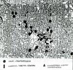 Μια συνοπτική αποτύπωση που παρουσιάζει τα στέκια στη πόλη. Η ιδιαίτερη θέ¬ση που καταλαμβάνουν τα χάνια στην οδό Τσώκρη (αριστερά επάνω) και την οδό Κό¬ρινθου (δεξιά – επάνω), επισημαίνουν τον όγκο των συναλλαγών με τους ορεινούς&nbsp;οικι¬σμούς.